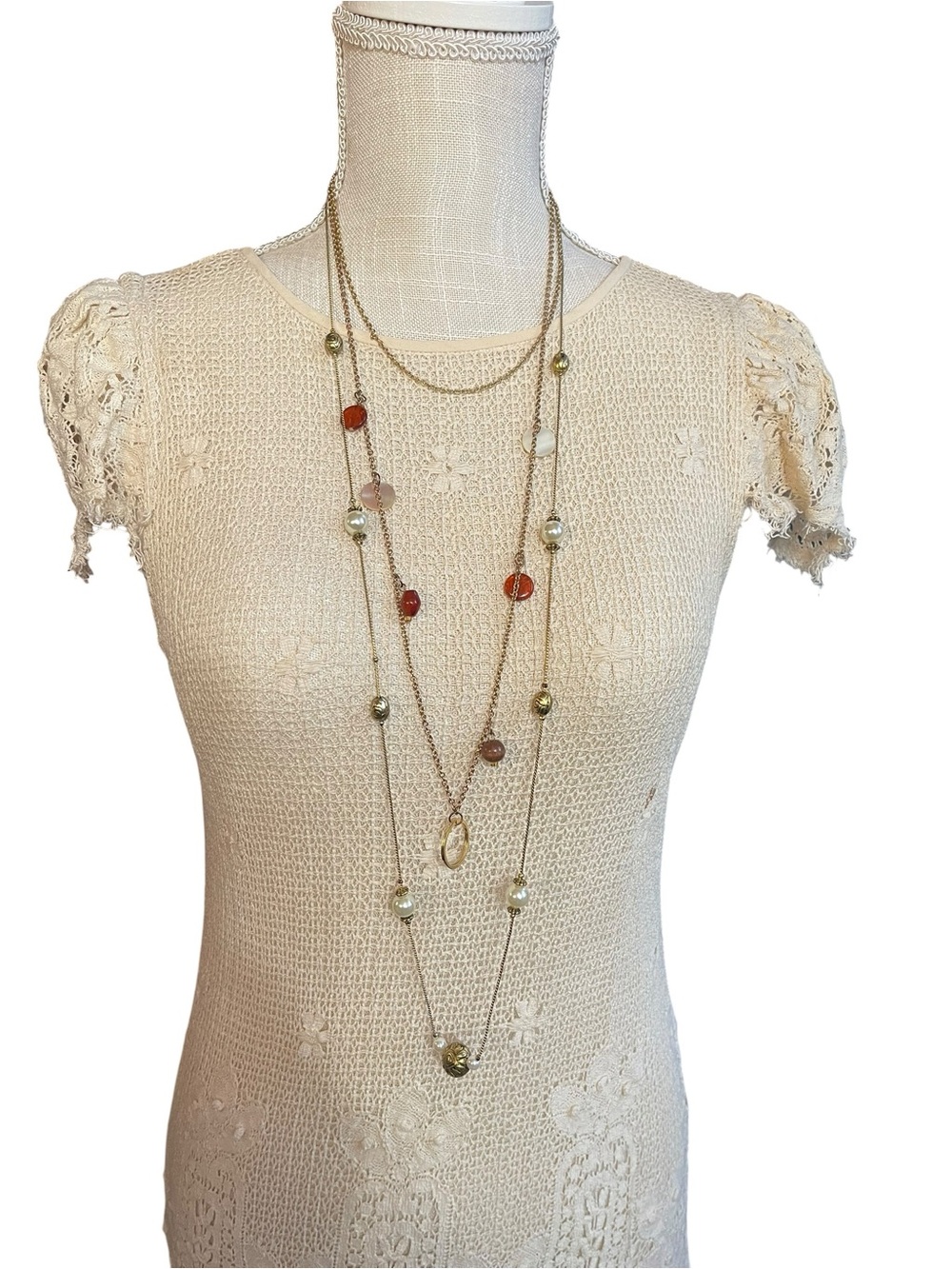 Layered Gold Tone Mother of Pearl Faux Pearl Necklace Set